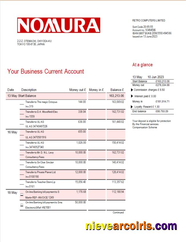 Nomura Bank business statement